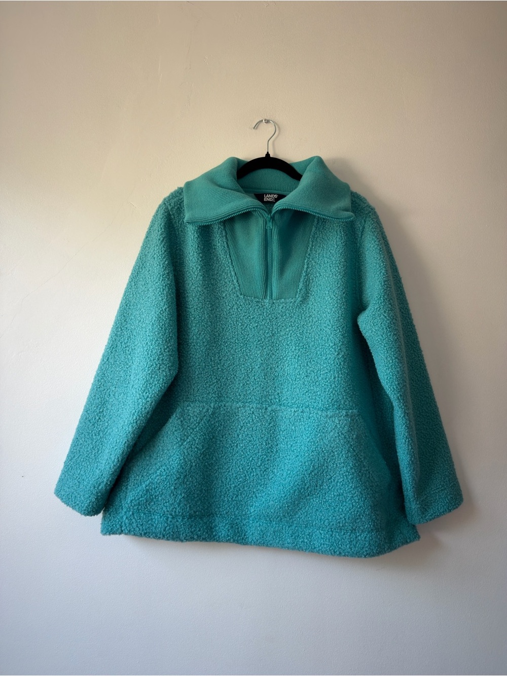 Lands End Sherpa Fleece Quarter Zip Pullover Teal Turquoise XL‎ Kangaroo Pocket